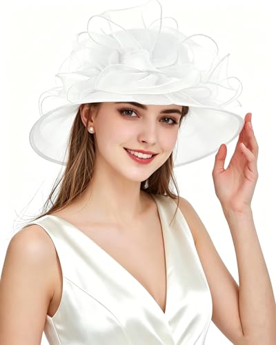 Women Derby Fascinator Hat Organza Church Wedding Hats Wide Brim Cocktail Tea Party Hat - color: 039 White