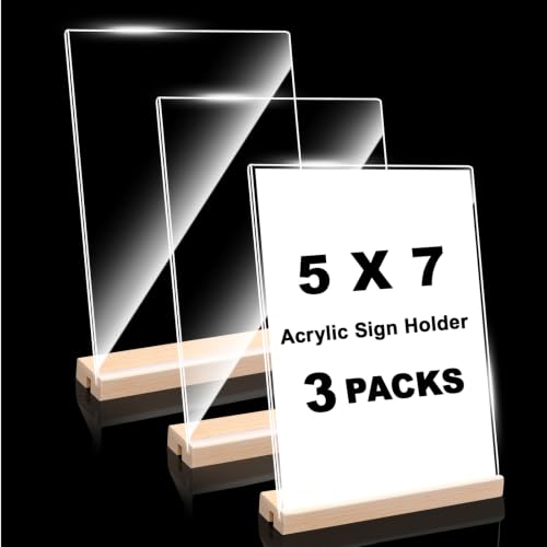 Daletu Acrylic Sign Holder 5x7 with Wood Base | 3 Packs Acrylic Tabletop Display Stand, 2 in 1 Vertical or Slant Clear Plastic Sign Frame Holder for Flyer, Menu, Retail, Buffet, Vendor, Wedding, Party - size: 3PCS (5"x7"