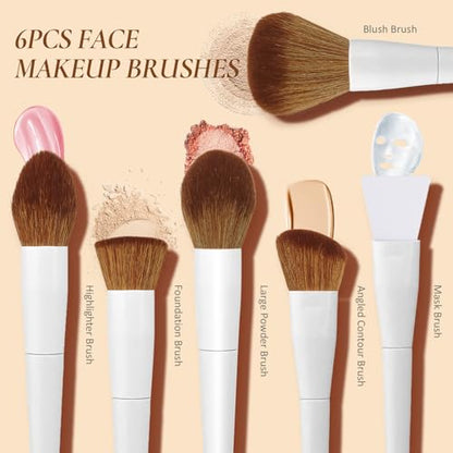 LUXBRU Makeup Brushes With Case 20PCs Professional Makeup Brush Set, Foundation Powder Eyeshadow Brush Set Eyebrow Concealer Contour Travel Brushes Kit with Holder & 2 Powder Puff-White - color: Pearl White