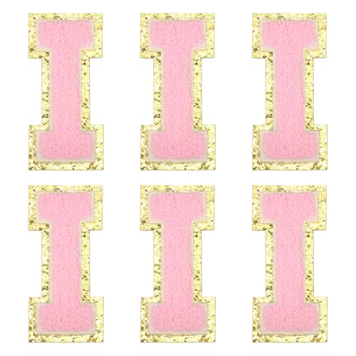 MECCANIXITY Chenille Letter Patches 3.1" Alphabet I Iron on Embroidered Patch Sew on Letter Stickers Applique for Repairing Clothing Jeans Shoes Hats DIY(Pink, Pack of 6) - style: Letter-I