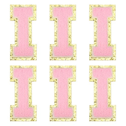 MECCANIXITY Chenille Letter Patches 3.1" Alphabet I Iron on Embroidered Patch Sew on Letter Stickers Applique for Repairing Clothing Jeans Shoes Hats DIY(Pink, Pack of 6) - style: Letter-I