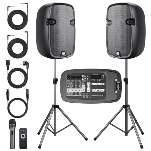 NBVOICE 10" 600W Professional PA System with Mixer DJ Bundle, Portabel Speakers 2-Way Wireless Bluetooth Sound System with USB SD XLR 1/4" RCA inputs-Home/OutdoorParty