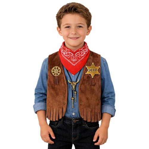 Kids Cowboy Costume - Western Dress Up Outfit for Boys Girls 3-10Y | 4pc costume & accessories set with cowboy vest, bandana, badge & bolo tie, for Halloween, career day & birthday pretend play - size: 8-9T Height 49.21" - 53.54"