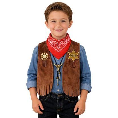 Kids Cowboy Costume - Western Dress Up Outfit for Boys Girls 3-10Y | 4pc costume & accessories set with cowboy vest, bandana, badge & bolo tie, for Halloween, career day & birthday pretend play - size: 8-9T Height 49.21" - 53.54"