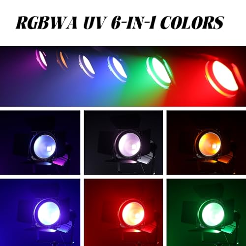 COB Stage Lights with Barn Doors, COB Par Light 200W LED RGBWAUV DMX512 Master-Slave Sound DJ Lighting Spotlight Fresnel for Church Concert Wedding