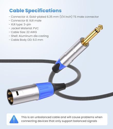 Tisino 1/4" to XLR Male Mono Cable Unbalanced Quarter inch to XLR Male Microphone Cable for Connecting Instruments to Mixers, 10 Feet | Unbalanced TS Quarter Inch to XLR Male Pro Audio Mic Cable for Mixers, Speakers, Studio Record, Gold-Plated Shielded -