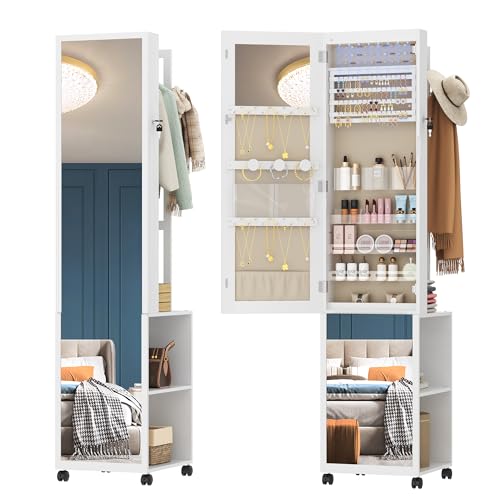 Hzuaneri 8 LEDs Jewelry Cabinet Armoire, 66.9-inch Jewelry Organizer - color: White and Beige