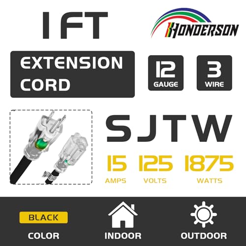 1 Ft Black Outdoor Extension Cord with Lighted End Weatherproof 12 Gauge | UL Certified 12/3 SJTW Cable, 15A Rated, Suitable for Lights, Lawn Tools and Short Connections - size: 1FT, style: 12/3