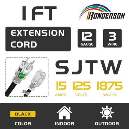 1 Ft Black Outdoor Extension Cord with Lighted End Weatherproof 12 Gauge | UL Certified 12/3 SJTW Cable, 15A Rated, Suitable for Lights, Lawn Tools and Short Connections - size: 1FT, style: 12/3