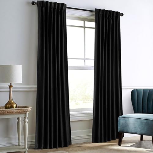 Dreaming Casa Darkening Black Velvet Curtains for Living Room Thermal Insulated Rod Pocket Back Tab Window Curtain for Bedroom 2 Panels 52" W x 96" L | Rod Pocket & Back Tab Top, Blackout Thermal Insulated Window Treatment Drapes for Living Room Bedroom,