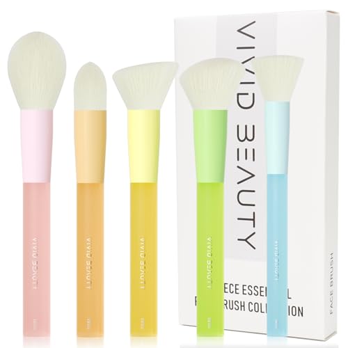 5pcs Multi Color Face Makeup Brush set – Powder, Kabuki, Angled Fluff, Blush Brushes with Vegan Bristles That Mimic Natural Wool – Non-Slip Rubber Handles – Perfect for Contouring, Setting, Blending - color: Colorful Face Brushes