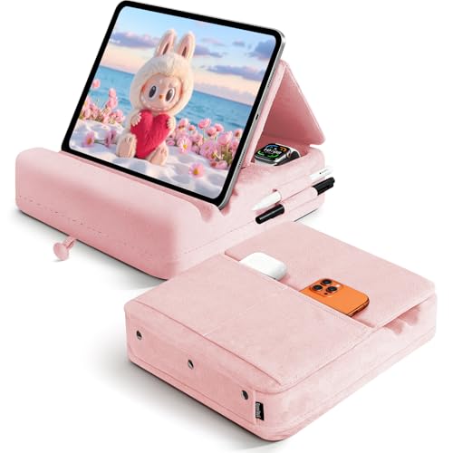 Tablet Pillow Stand with Storage, Foldable iPad Holder for Lep, Bed, Sofa, and Desk - Soft Pad Dock with Pocket and Stylus Mount Compatible with 4-13" iPad Pro/Air/Mini, Galaxy Tab, Kindle - color: Pink01