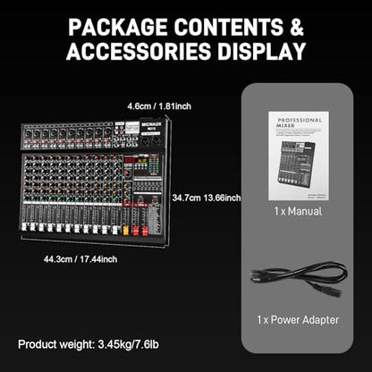 Audio Mixer 12 Channel Professional Sound Console Music Mixer with 320 DSP Effects, 7-band EQ DJ Mixing Board w/USB, Bluetooth, 48V Power Supply, PAD Button for Recording Karaoke PA Drum Live - size: 12 Channel - 17.4in