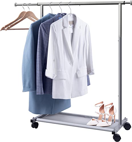 MISSLO Short Clothing Racks for Hanging Clothes with Bottom Shelves and Wheels Heavy Duty Rolling Clothes Rack Kids Clothing Rack for Adult Coat, Closet, Wardrobe - color: Silver