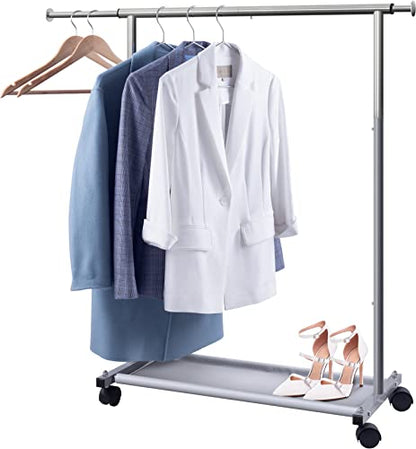 MISSLO Short Clothing Racks for Hanging Clothes with Bottom Shelves and Wheels Heavy Duty Rolling Clothes Rack Kids Clothing Rack for Adult Coat, Closet, Wardrobe - color: Silver