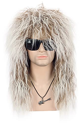 VGbeaty Men Women Long Curly Brown Gradient White 70s 80s Rocker Mullet Wig Halloween Costume Cosplay Wig | 70s 80s Rocker Halloween Costume Cosplay Wig - color: Brown and White