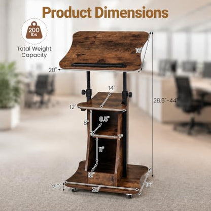 POWERSTONE 2PCS Sit to Stand Mobile Lectern Podium Stand Rustic Brown - color: Rustic Brown, size: 2 pack