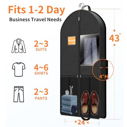 Suit Garment Clothes Travel Bag: 43 inch Lightweight Foldable Black Short Fabric Breathable - Hanging Storage Cover Pockets Zipper for Men - Wardrobe Carry Coat Jacket Uniform Tuxedo Shirt - size: 43"1Pack