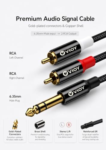 VIOY 1/4 to RCA Cable 6 FT, TRS Male to Dual RCA Male Stereo Splitter | Copper shell, dual shielding lossless Hi-Fi sound,braided bidirectional transmission for amplifier, mixer, home theater - color: Black, size: 6FT
