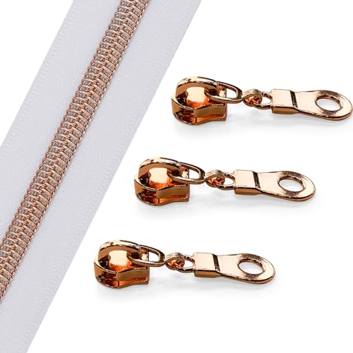 The Yards 10 Yards Bulk White Nylon Coil Zipper with Rose Gold Teeth - Replacement Sewing Zipper with 10PCS Sliders for DIY Craft Bags - color: RoseGold-White