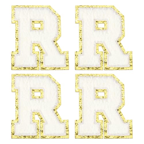 MECCANIXITY Chenille Letter Patches 3.1" Alphabet R Iron on Embroidered Patch Sew on Letter Stickers Applique for Repairing Clothing Jeans Shoes Hats DIY(White, Pack of 4) - style: Letter-R