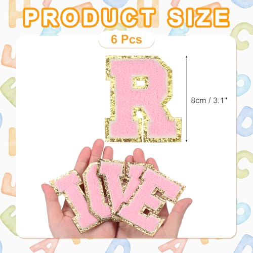 MECCANIXITY Chenille Letter Patches 3.1" Alphabet R Iron on Embroidered Patch Sew on Letter Stickers Applique for Repairing Clothing Jeans Shoes Hats DIY(Pink, Pack of 6) - style: Letter-R