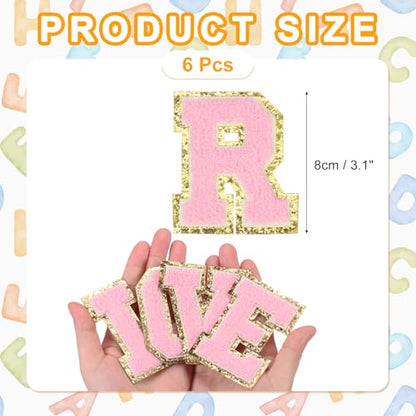 MECCANIXITY Chenille Letter Patches 3.1" Alphabet R Iron on Embroidered Patch Sew on Letter Stickers Applique for Repairing Clothing Jeans Shoes Hats DIY(Pink, Pack of 6) - style: Letter-R