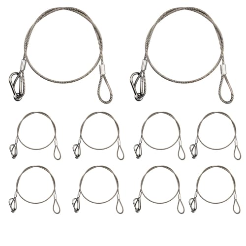 10Pack 31" Stage Light Safety Cable Stainless Steel Security Cable Wire Rope 165 lbs Load Capacity for DJ Stage Lighting, 5/32" Diameter Silver No Coated