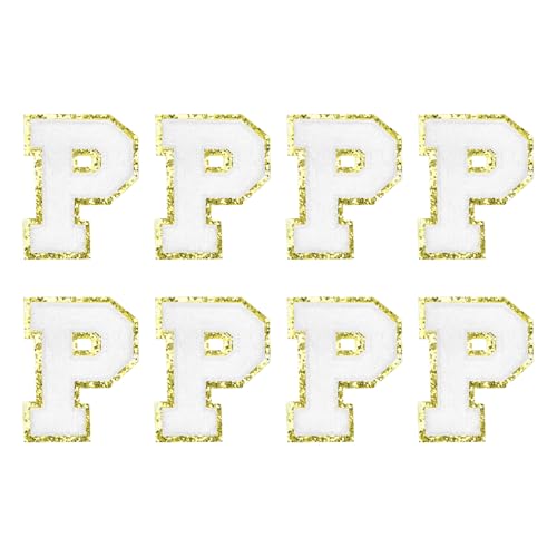 MECCANIXITY Chenille Letter Patches 2.2" Self Adhesive Alphabet P Stick on Embroidered Patch Sew on Letter Stickers Applique for Repairing Clothing Jeans Shoes Hats DIY(White, Pack of 8) - style: Letter P