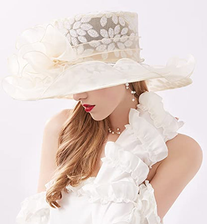 Women Derby Fascinator Hat Organza Church Wedding Hats Wide Brim Cocktail Tea Party Hat - color: 06 Beige