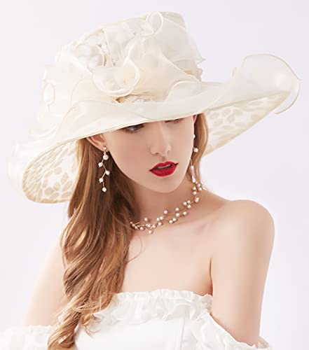 Women Derby Fascinator Hat Organza Church Wedding Hats Wide Brim Cocktail Tea Party Hat - color: 06 Beige