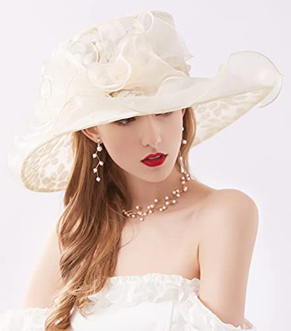 Women Derby Fascinator Hat Organza Church Wedding Hats Wide Brim Cocktail Tea Party Hat - color: 06 Beige