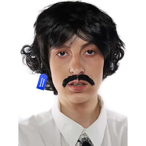 ALLAURA Vote Pedro Wig | Black Wig + Fake Mustache | 70s Shag Beatles Sonny Halloween Costume | Pablo Compatible - color: 17-Black