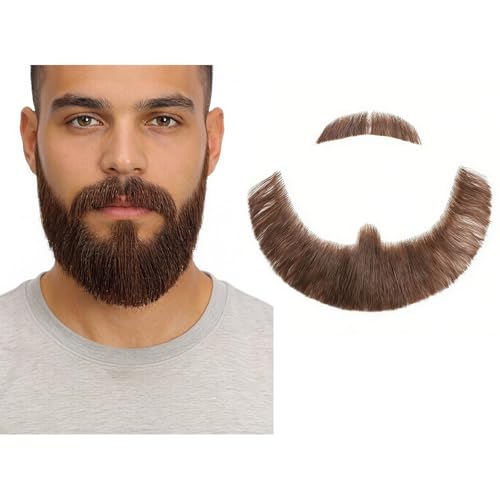 Hand-Tied Human Hair Fake Beard and Mustache for Costumes and Theater | Hand-knotted human hair on lightweight lace creates natural-looking facial hair for costumes, cosplay, theater and film - color: Style 9--brown