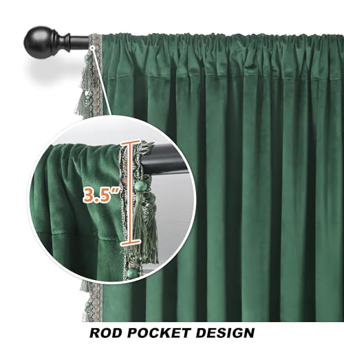 Fazhesici Green Velvet Blackout Curtains, Rod Pocket 2 Panels, 52”W x 63”H | Velvet Drapes with Tassels, Thermal Soundproof Blackout Curtains for Living Room - color: Dark Green, size: 52"W x 63"L (Pack of 2)