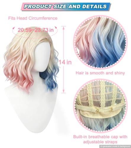 Pink Blue Ombre Blonde Bob Wig, Short Wavy Cosplay Wig for Women | Shoulder-length synthetic wig with pink blue highlights for Halloween cosplay, costume parties, anime events, and dress-up - color: Pink Blue