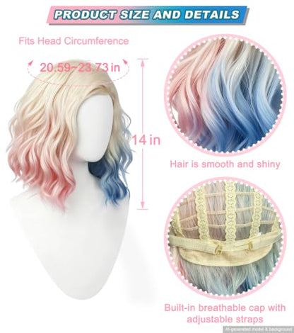 Pink Blue Ombre Blonde Bob Wig, Short Wavy Cosplay Wig for Women | Shoulder-length synthetic wig with pink blue highlights for Halloween cosplay, costume parties, anime events, and dress-up - color: Pink Blue