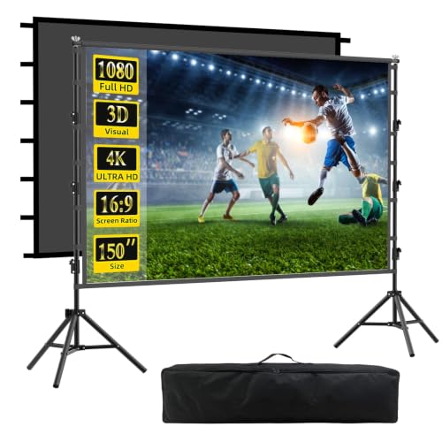 Outdoor Projector Screen with Stand, 150 inch Indoor Movie Screen 16:9 4K Rear Front Portable Projection Screen, Quick Setup Foldable Travel Home Theater Screen with Carry Bag for Backyard Camping - size: 150 inch-ZJ