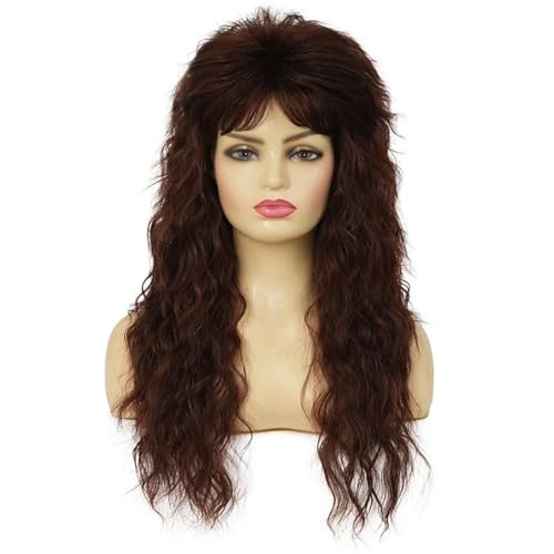 Brown Long Curly Mullet Wigs for Women 70s 80s Rocker Punk Wig with Bangs Synthetic Fibre Wig for Halloween Party Cosplay Use - color: Long Brown