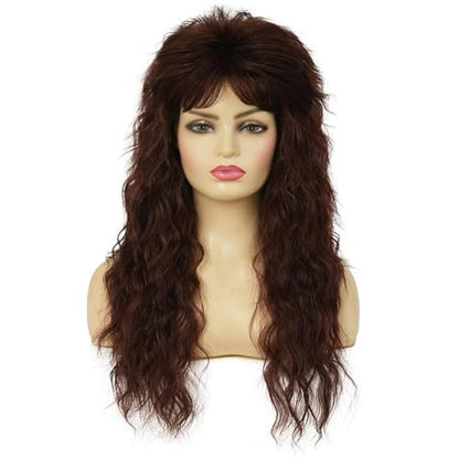 Brown Long Curly Mullet Wigs for Women 70s 80s Rocker Punk Wig with Bangs Synthetic Fibre Wig for Halloween Party Cosplay Use - color: Long Brown