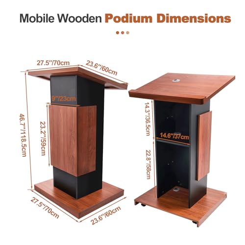 Wood Podium Stand with 4 Lockable Wheels，44.6“ Wooden Lectern with Storage，Wooden Standing Pulpit with Wire Hole for Church Office School Home Conference Restaurant Meeting Auditorium - size: 44.6IN