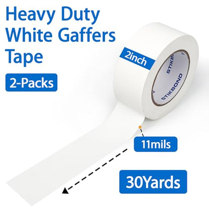 Heavy Duty White Gaffers Tape 2 inch x 30 Yards - 2 Pack Easy to Rip No-Residue Cloth Tape for Stage, Events