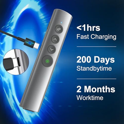 Aluminum Alloy Presentation Clicker with Green Laser Pointer | 2‑in‑1 USB/Type C Receiver Wireless Presenter Remote PowerPoint Clicker for Computer Laptop/PPT/Google Slides/Windows/Mac - style: Metal 02 Green Laser