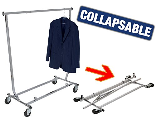 Econoco Collapsible Rolling Clothes Rack, Commercial Grade, Chrome, 48in W | Chrome rolling rack with square tubing & collapsible frame, commercial-grade for retail floor moves or trade show display