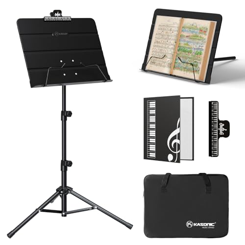 K KASONIC - Dual-Use Folding Sheet Music Stand & Desktop Book Stand with Portable Carrying Bag, Sheet Music Folder & Clip Holder (Black)