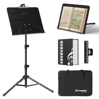 K KASONIC - Dual-Use Folding Sheet Music Stand & Desktop Book Stand with Portable Carrying Bag, Sheet Music Folder & Clip Holder (Black)