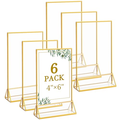 Floroom 6 Pack 4x6 Inch Clear Acrylic Sign Holders, Double-Sided Gold Display Stand Picture Frames for Table Numbers, Menus, Flyers, Weddings, and Offices - color: Gold, size: 4" x 6"- 6 Pack