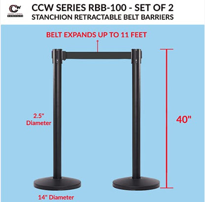 CCW Series RBB-100 Retractable Belt Barrier Stanchions, 2-Pack, Satin Brass - color: Black with White Horizontal Stripe, size: 7.5 Foot