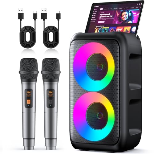 Karaoke Machine, Bluetooth Speaker with 2 Wireless Microphones Adults Kids | Portable Size, TWS Mode, LED Light, 10H Battery PA System,Dual Speaker, USB TF AUX, Home Party Outdoor Camping Birthday Gifts - size: 2 Mics