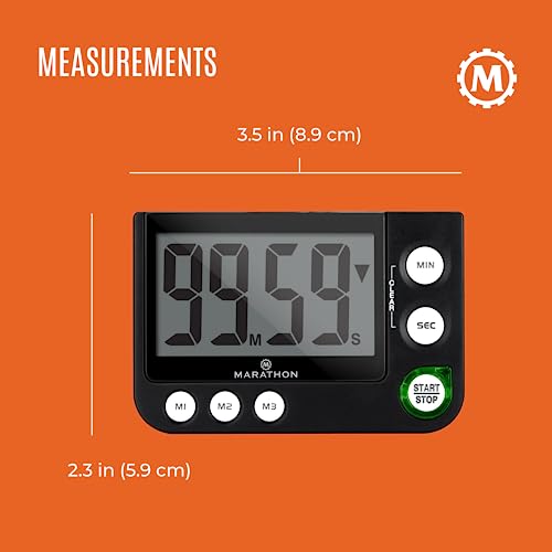MARATHON 100-Minute Digital Timer with 3 Memory Presets, Black | Adjustable alarm volume, count-up and countdown functions, magnetic back and tabletop stand